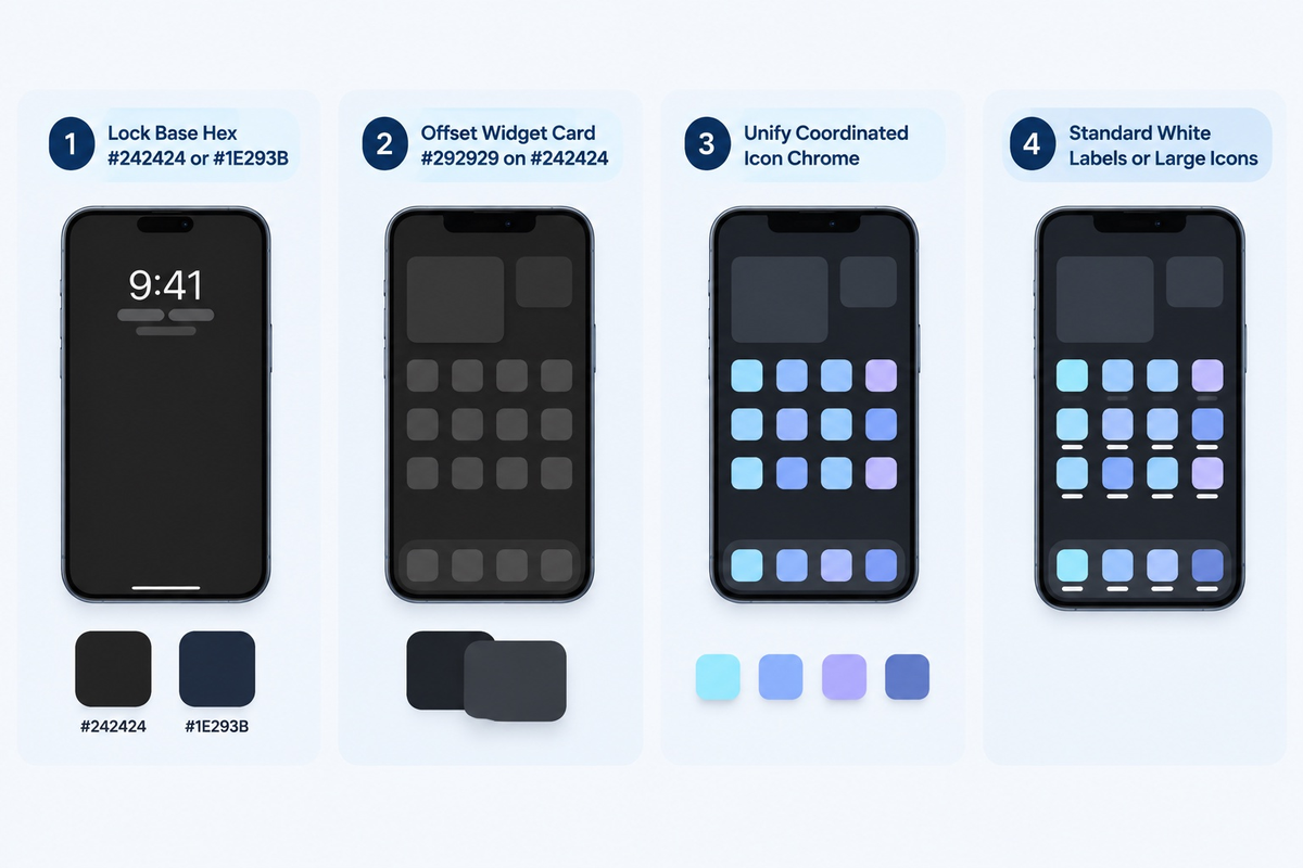 Four-step solid wallpaper pairing workflow using a #242424 base and #292929 elevated widget cards in iScreen (iOS 18 and 26).
