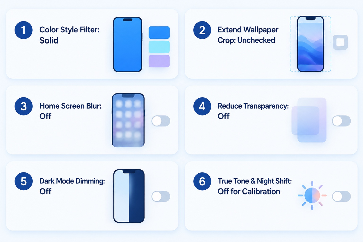 Six-point iOS checklist verifying Solid filter, Extend Wallpaper off, Blur off, and Reduce Transparency off (Apple Guide).
